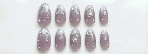 Lavender Celestial Press On Nails - Purple Jelly Glitter - Silver Moon & Star Charm - Witchy Nails - Custom Size Set - PN251160