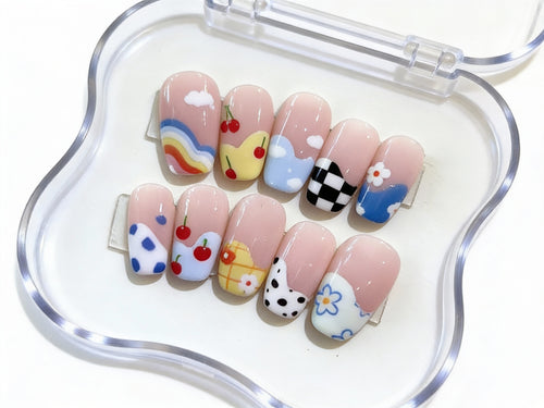 Indie Kid Mix & Match Press On Nails - Cherry Rainbow Cloud Art - Checkerboard Flower Pattern - Spring Summer Gel - PN251244