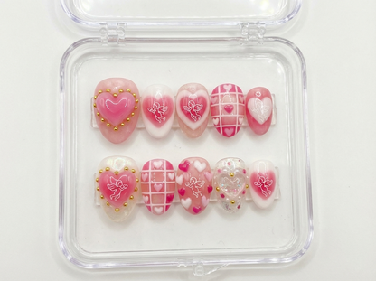 Pink Cupid Nails, 3D Jelly Heart, Angel Art, Plaid Gingham, Aura Blush, Short Almond, Kawaii Press On, Soft Girl Valentine, Custom Size Set - PN251272