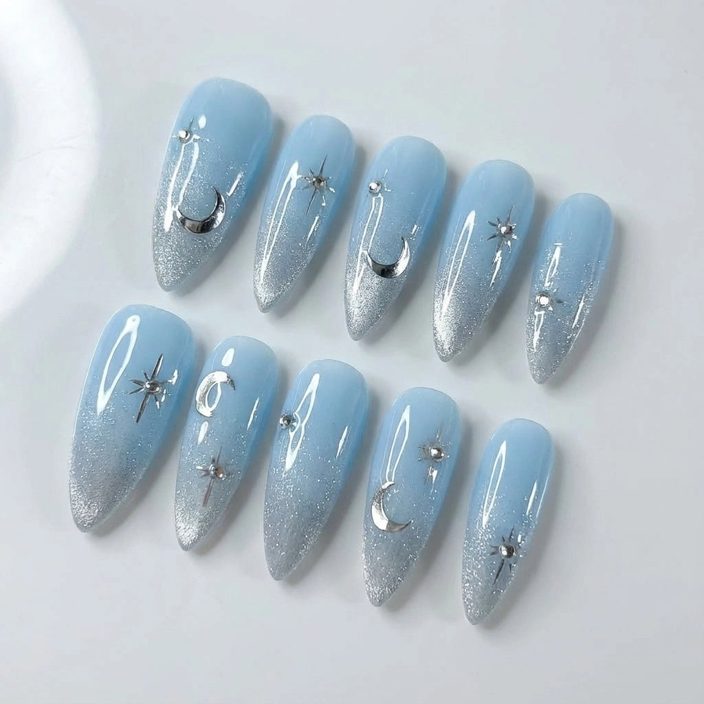 Baby Blue Celestial Press On Nails - Silver Glitter Ombre - Moon & Star Charm - Y2K Fairycore Gel Manicure - Custom Size Set - PN251158