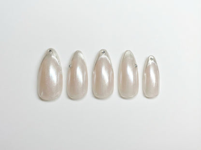 Glazed Pearl White Chrome Press On Nails - Luxury Glue On Nails - Ethereal Bridal Nail Art with Silver Gems - Custom Size Set - PN251151