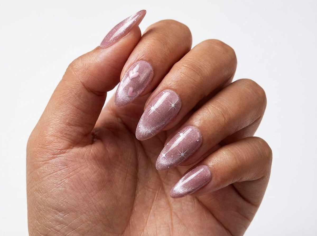Mauve Cat Eye Press On Nails, Silver Velvet Star Nails, Pink Heart Accent Nails, Celestial Reusable Fake Nails, Luxury Glitter Almond Nails - PN251288