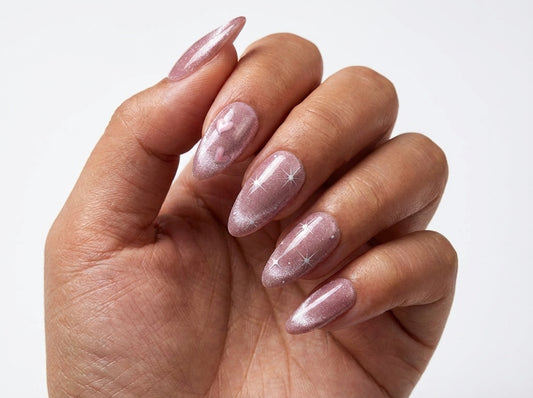 Mauve Cat Eye Press On Nails, Silver Velvet Star Nails, Pink Heart Accent Nails, Celestial Reusable Fake Nails, Luxury Glitter Almond Nails - PN251288