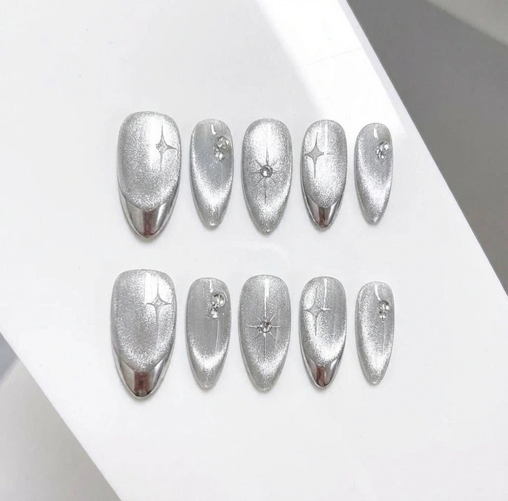 Silver Velvet Cat Eye Press On Nails - Chrome French Tip - Y2K Star Art & Rhinestones - Winter Ice Queen - Cool Girl - Custom Size Set - PN251122