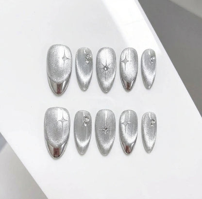 Silver Velvet Cat Eye Press On Nails - Chrome French Tip - Y2K Star Art & Rhinestones - Winter Ice Queen - Cool Girl - Custom Size Set - PN251122