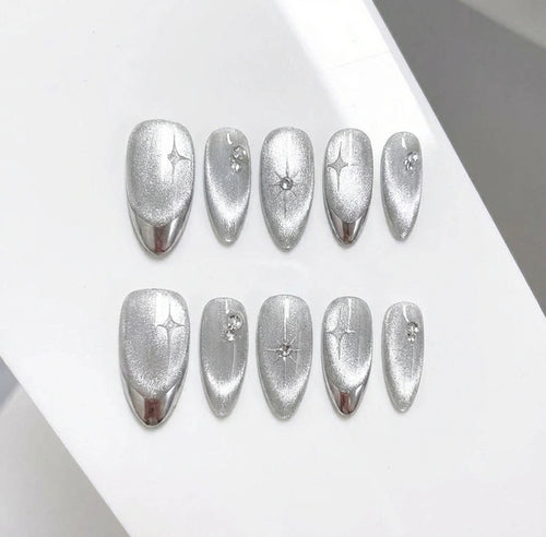 Silver Velvet Cat Eye Press On Nails - Chrome French Tip - Y2K Star Art & Rhinestones - Winter Ice Queen - Cool Girl - Custom Size Set - PN251122