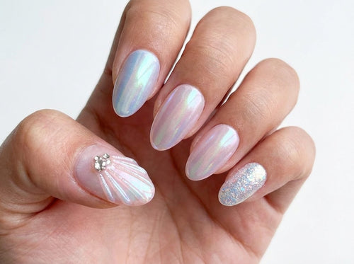 Mermaid Core Press on Nails, Iridescent Chrome Shell Nails, Pink Pearl Glue on Nails, 3D Sea Shell Art, Aurora Nails, Glitter Summer Nails - PN251279