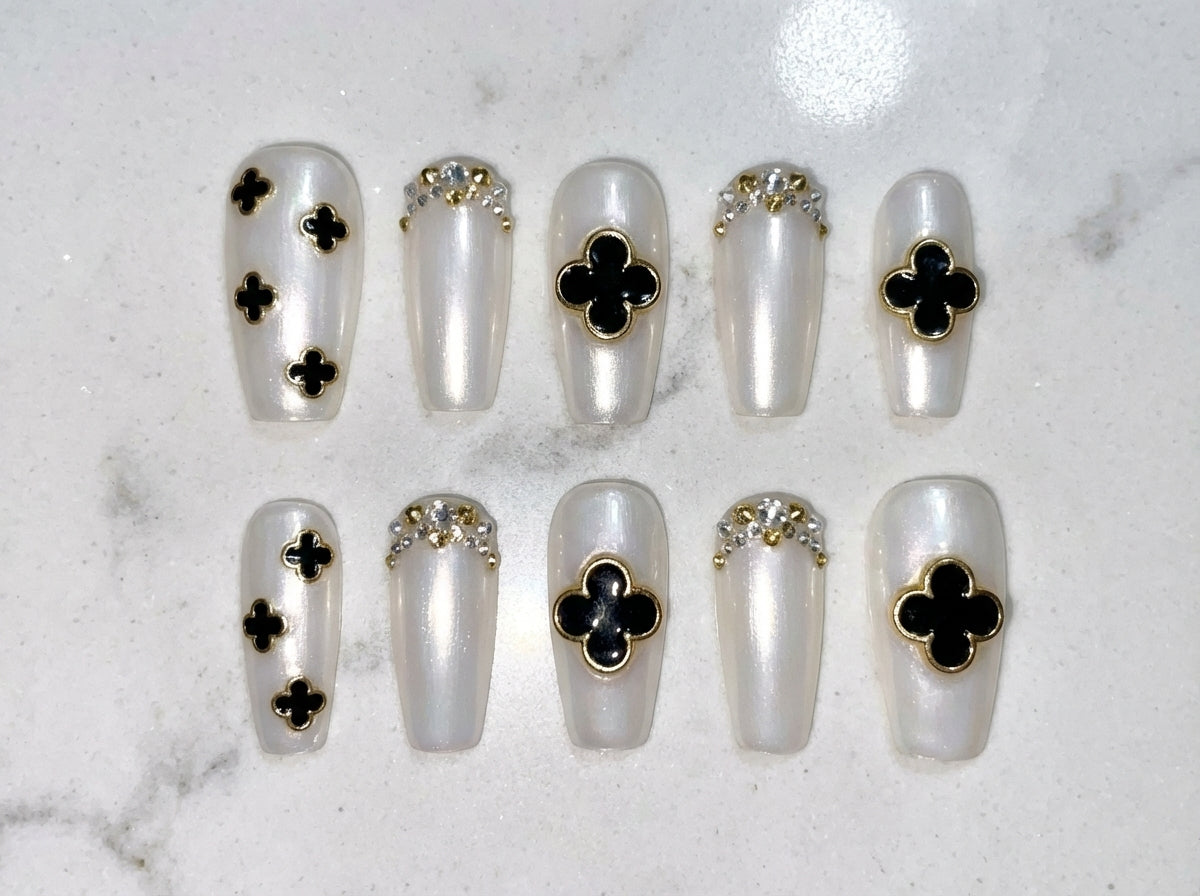 Pearl White Press On Nails with Black Clover Design - Luxury Clover Press On Nails - Gold Trim Statement Nails - Custom Size Set - PN251153
