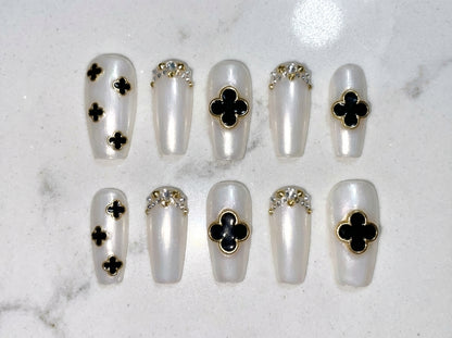 Pearl White Press On Nails with Black Clover Design - Luxury Clover Press On Nails - Gold Trim Statement Nails - Custom Size Set - PN251153