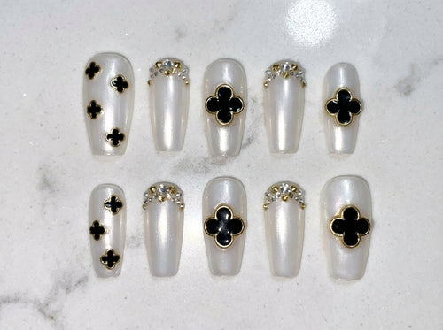 Pearl White Press On Nails with Black Clover Design - Luxury Clover Press On Nails - Gold Trim Statement Nails - Custom Size Set - PN251153
