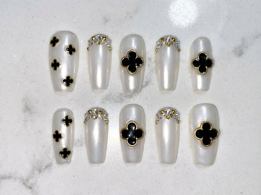 Pearl White Press On Nails with Black Clover Design - Luxury Clover Press On Nails - Gold Trim Statement Nails - Custom Size Set - PN251153