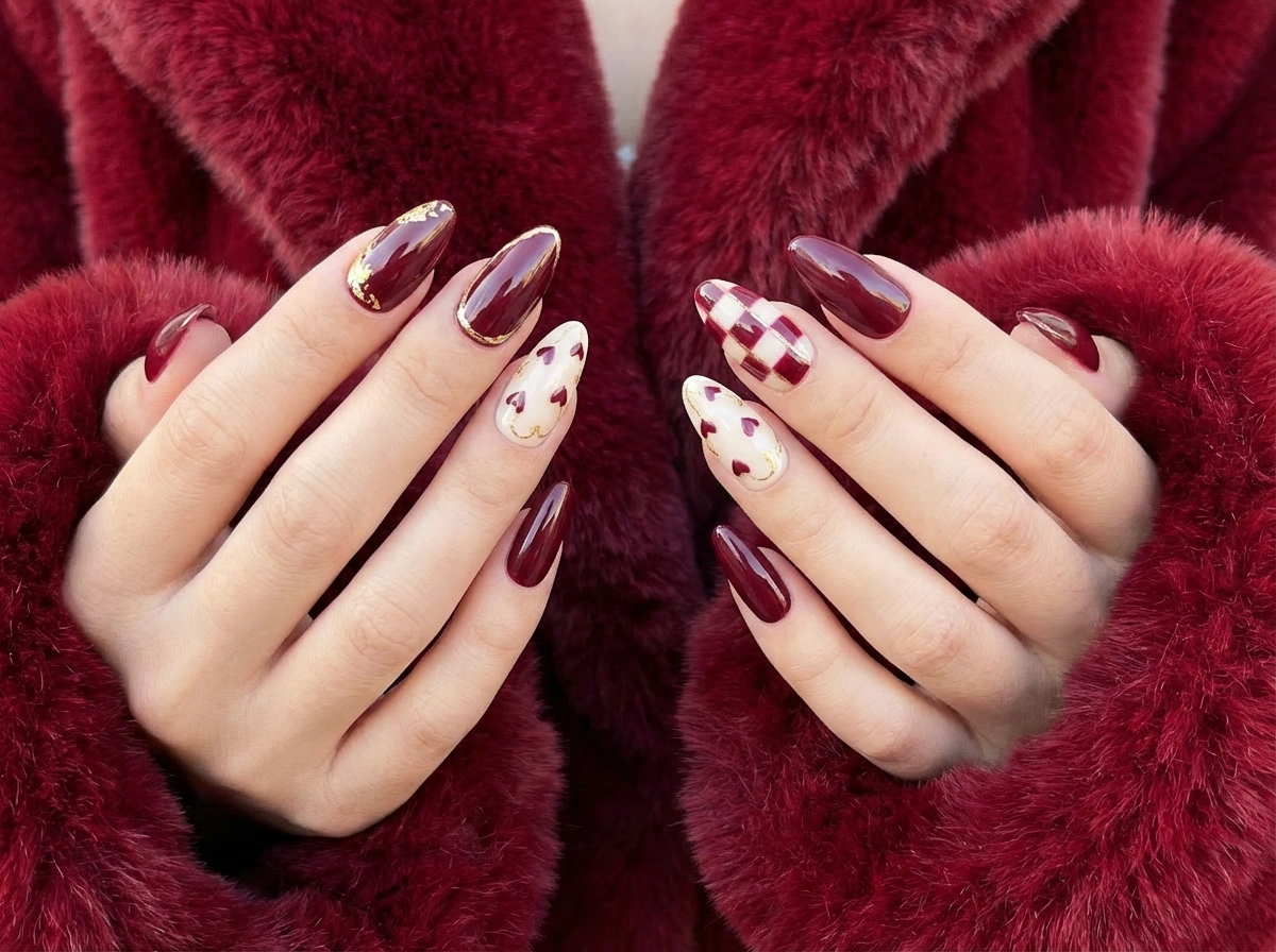 Burgundy Heart Press On Nails, Dark Red Checkered Nails, Gold Leaf Luxury Fake Nails, Deep Wine Reusable Nails, Pinneacle Nails - PN251293