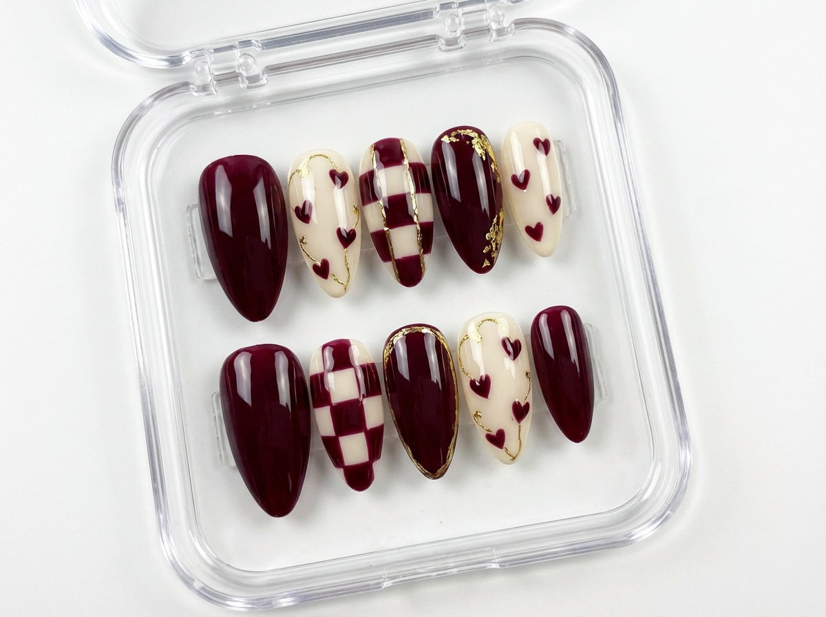 Burgundy Heart Press On Nails, Dark Red Checkered Nails, Gold Leaf Luxury Fake Nails, Deep Wine Reusable Nails, Pinneacle Nails - PN251293