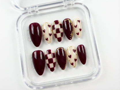 Burgundy Heart Press On Nails, Dark Red Checkered Nails, Gold Leaf Luxury Fake Nails, Deep Wine Reusable Nails, Pinneacle Nails - PN251293
