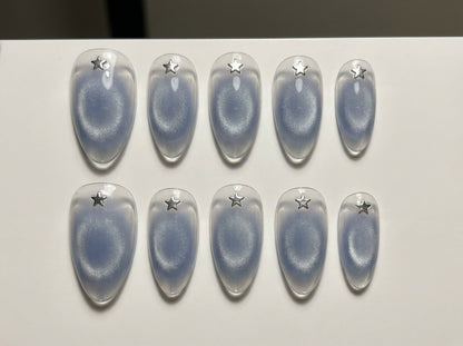 Blue Aura Cat Eye Press On Nails - Silver Star Charm - Jelly Velvet Magnetic Halo - Y2K Cyber Korean - Custom Size Set - PN251162