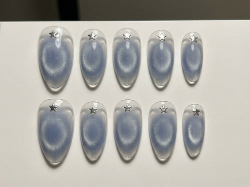 Blue Aura Cat Eye Press On Nails - Silver Star Charm - Jelly Velvet Magnetic Halo - Y2K Cyber Korean - Custom Size Set - PN251162
