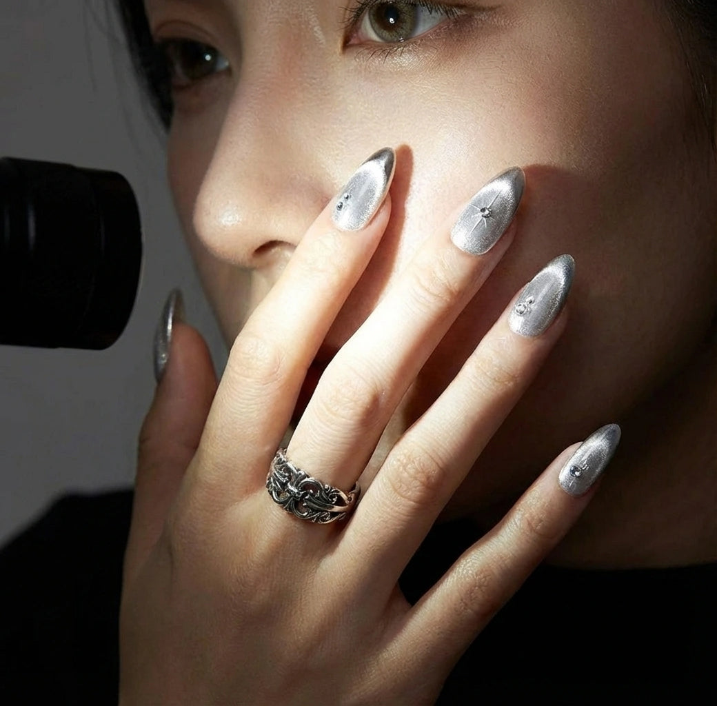 Silver Velvet Cat Eye Press On Nails - Chrome French Tip - Y2K Star Art & Rhinestones - Winter Ice Queen - Cool Girl - Custom Size Set - PN251122