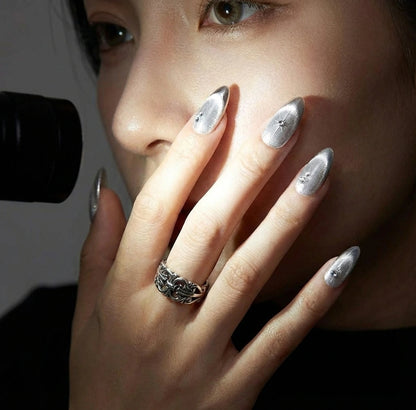 Silver Velvet Cat Eye Press On Nails - Chrome French Tip - Y2K Star Art & Rhinestones - Winter Ice Queen - Cool Girl - Custom Size Set - PN251122