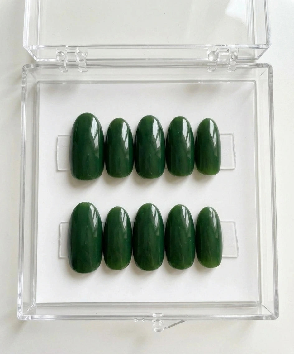 Dark Jade Green Press On Nails - Deep Emerald Jelly - Old Money Gemstone Aesthetic - Glossy False Nails - Custom Size Set - PN251156