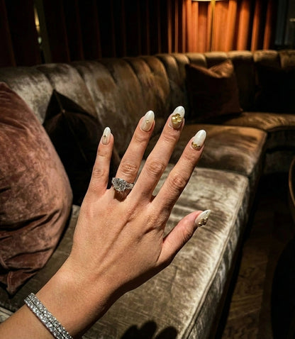 Pearl White Press On Nails with Gold Flower Charm - Handmade Nails - Bridal Wedding Nails - Minimalist Luxury Fake Nails - Custom Size Set - PN251126