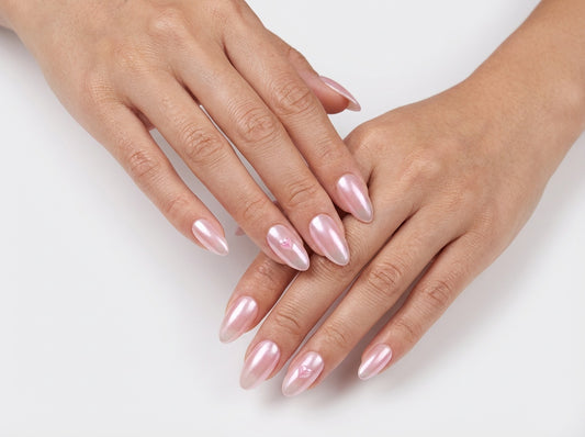 Pink Chrome Heart Press On Nails, Aurora Iridescent Almond Nails, Glazed Donut Fake Nails, Luxury Reusable Gel Nails, Coquette Style Nails - PN251287