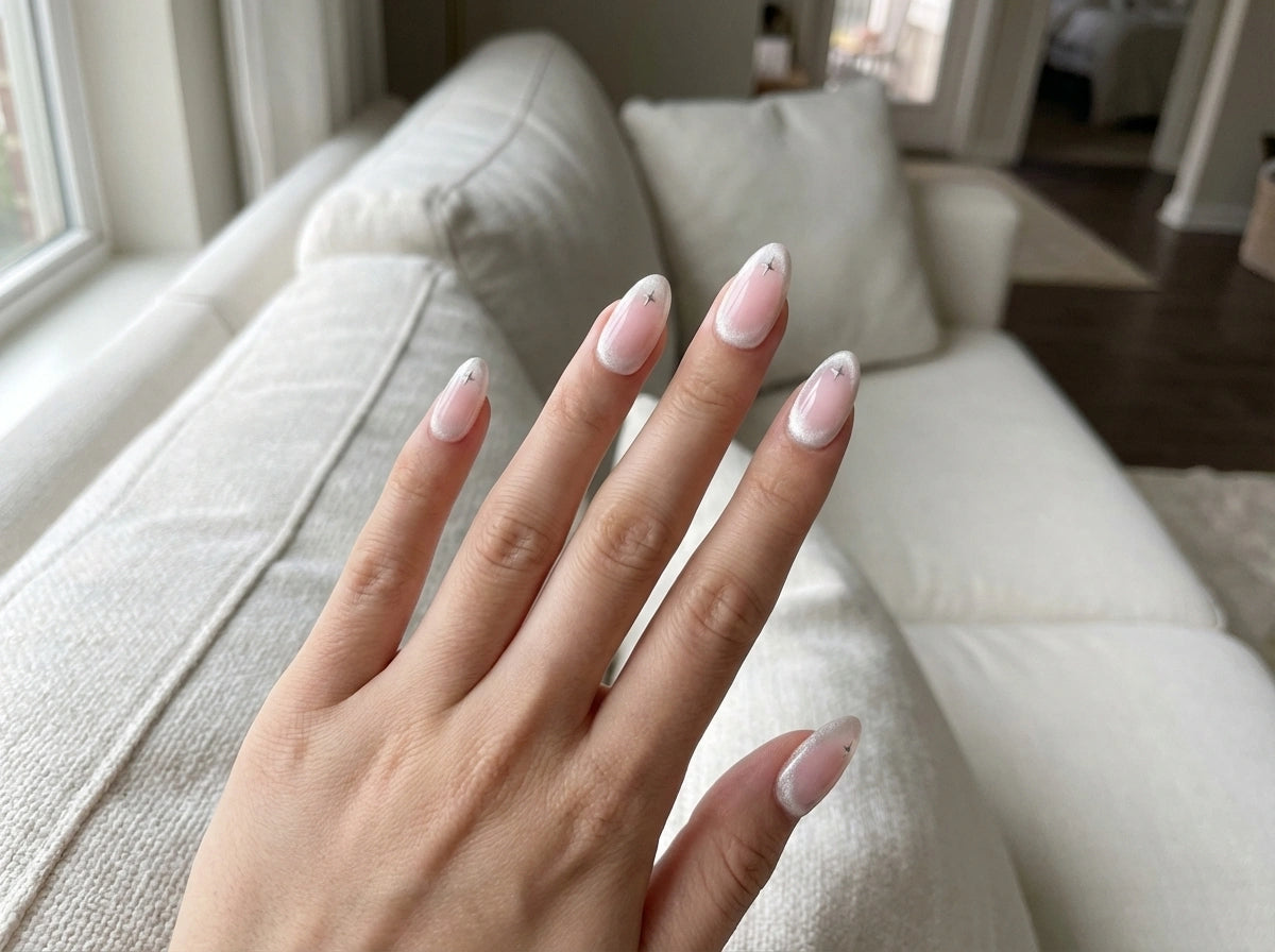 Pink Blush Cat Eye Press On Nails - Silver Velvet Halo Outline - Y2K Star Art - Korean Soft Girl - Cool Girl - Custom Size Set - PN251124