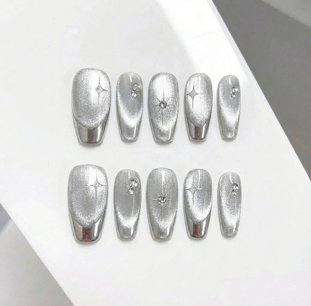 Silver Velvet Cat Eye Press On Nails - Chrome French Tip - Y2K Star Art & Rhinestones - Winter Ice Queen - Cool Girl - Custom Size Set - PN251122