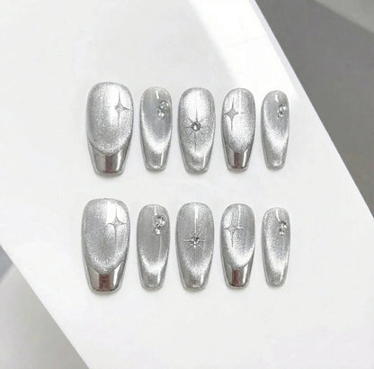 Silver Velvet Cat Eye Press On Nails - Chrome French Tip - Y2K Star Art & Rhinestones - Winter Ice Queen - Cool Girl - Custom Size Set - PN251122