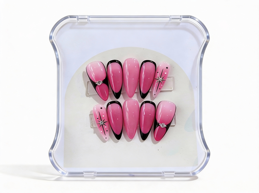 Hot Pink Aura Press On Nails - Black French Outline - Silver Starburst Art - Rhinestone Y2K Cyber - Edgy Valentine - PN251242