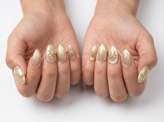 Gold Cat Eye Press on Nails, Champagne Velvet Nails, Gold Bow Charm Nails, 3D Coquette Nails, Luxury Almond Fake Nails, Elegant Shimmer Nails - PN251282
