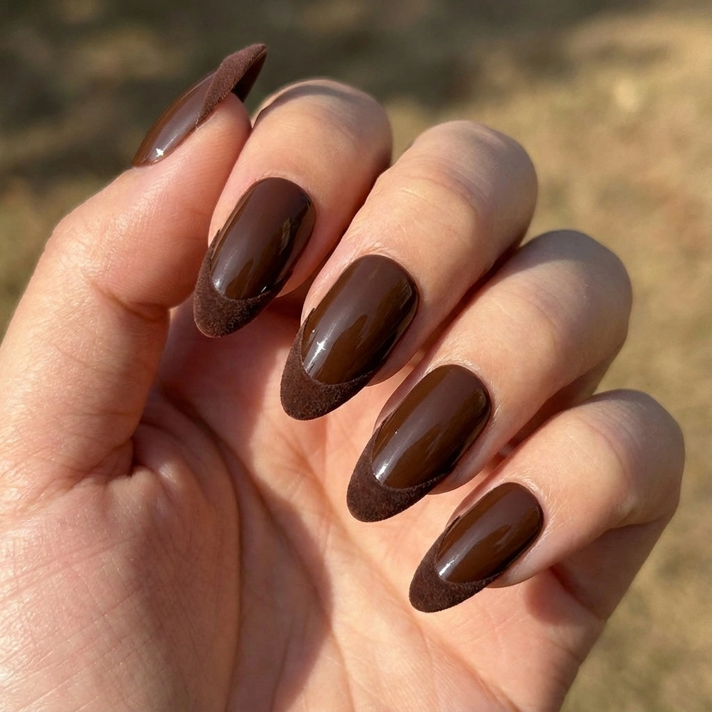 Chocolate Brown Press On Nails - Velvet French Tip - Espresso Glossy & Matte -  Fall Winter Teddy Bear Manicure - Custom Size Set - PN251147