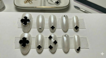 Pearl White Press On Nails with Black Clover Design - Luxury Brand Clover Press On Nails - Elegant Minimal Nails  - Custom Size Set - PN251154