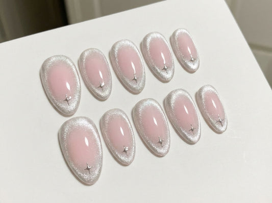 Pink Blush Cat Eye Press On Nails - Silver Velvet Halo Outline - Y2K Star Art - Korean Soft Girl - Cool Girl - Custom Size Set - PN251124
