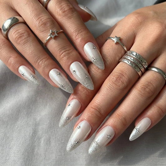 Pearl White Press On Nails with Silver Star Charms, Wedding Press-On Nails - Glitter French Tip Nails - Custom Size Set - PN251155