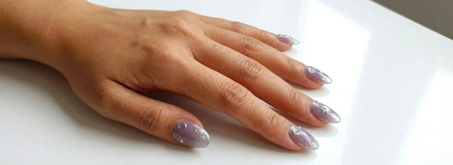 Lavender Celestial Press On Nails - Purple Jelly Glitter - Silver Moon & Star Charm - Witchy Nails - Custom Size Set - PN251160