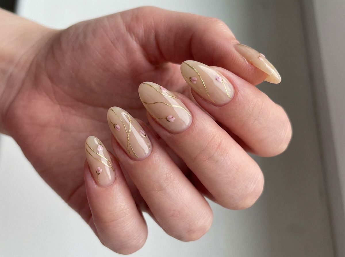 Milk Bath Floral Press On Nails - Minimalist Gold Line Art - Creamy White Spring Flower - Wedding Bridesmaid - Custom Size Set - PN251229