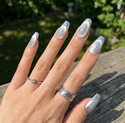 Silver Velvet Cat Eye Press On Nails - Chrome French Tip - Y2K Star Art & Rhinestones - Winter Ice Queen - Cool Girl - Custom Size Set - PN251122