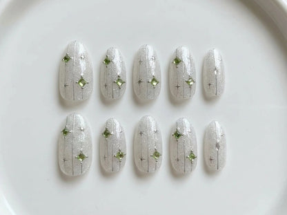White Glitter Press On Nails - Green Gem Rhinestone - Silver Chrome Line Art - Holiday Party Manicure - Custom Size Set - PN251159