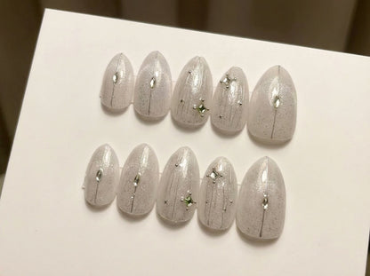 White Velvet Cat Eye Press On Nails - Silver Chrome Vertical Line - 3D Rhinestone Gem - Winter Snow Angel Manicure - Custom Size Set - PN251161