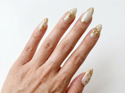 3D Gold Flower Press On Nails, Elegant White and Gold Nails, Luxury 3D Bow Fake Nails, Gold Heart Charms Manicure, Coquette Aesthetic Nails - PN251286