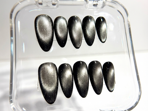 Black Cat Eye Press On Nails - Silver Magnetic Velvet - Galaxy Space Aura - Minimalist Flash Gel - Custom Size Set - PN251190