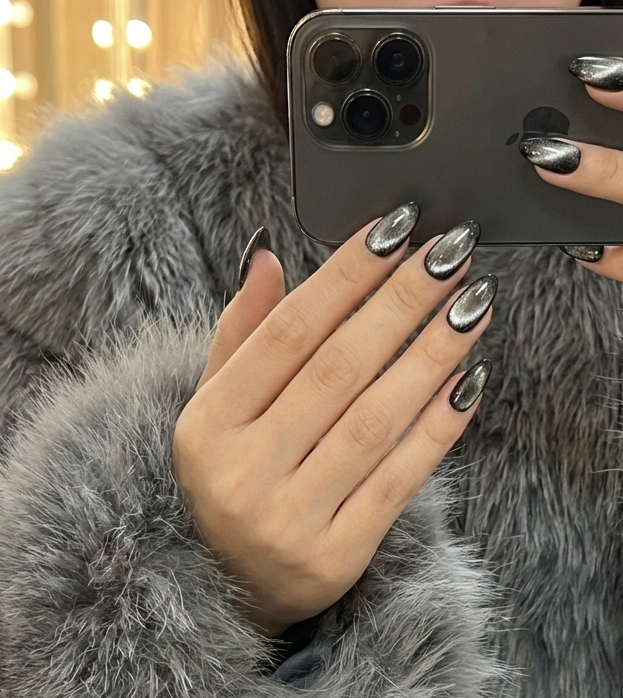 Black Cat Eye Press On Nails - Silver Magnetic Velvet - Galaxy Space Aura - Minimalist Flash Gel - Custom Size Set - PN251190