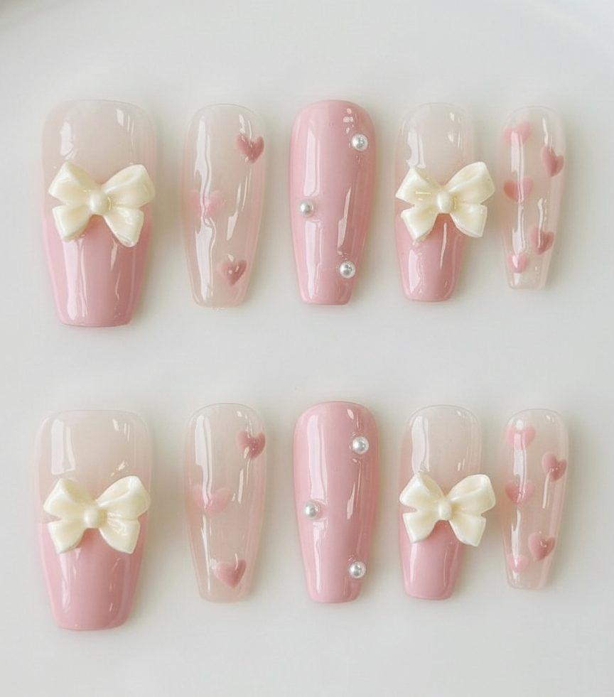 Pink Coquette Bow Press On Nails - 3D Cream Ribbon Charm - Tiny Heart Pattern - Pearl Accent - Valentine's Day Gel - Custom Size Set - PN251237