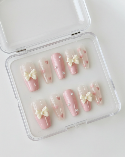 Pink Coquette Bow Press On Nails - 3D Cream Ribbon Charm - Tiny Heart Pattern - Pearl Accent - Valentine's Day Gel - Custom Size Set - PN251237