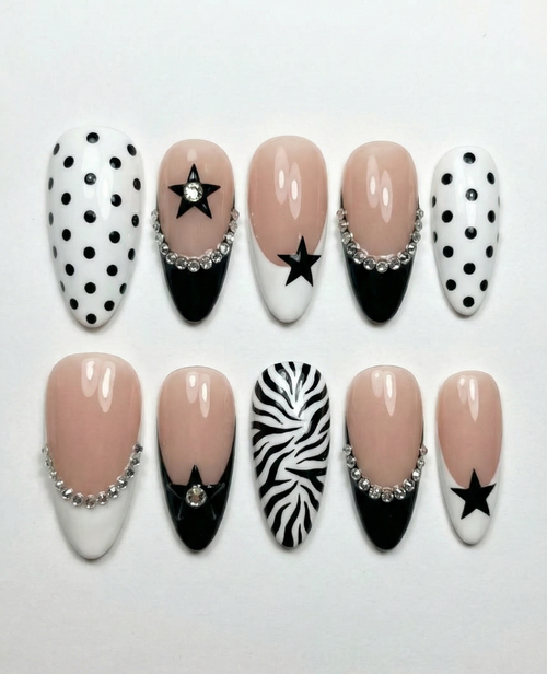 Mix Match Black & White Press On Nails - Zebra Print Star Polka Dot - Rhinestone French Tip - Y2K Pop Punk Emo - Custom Size Set - PN251199