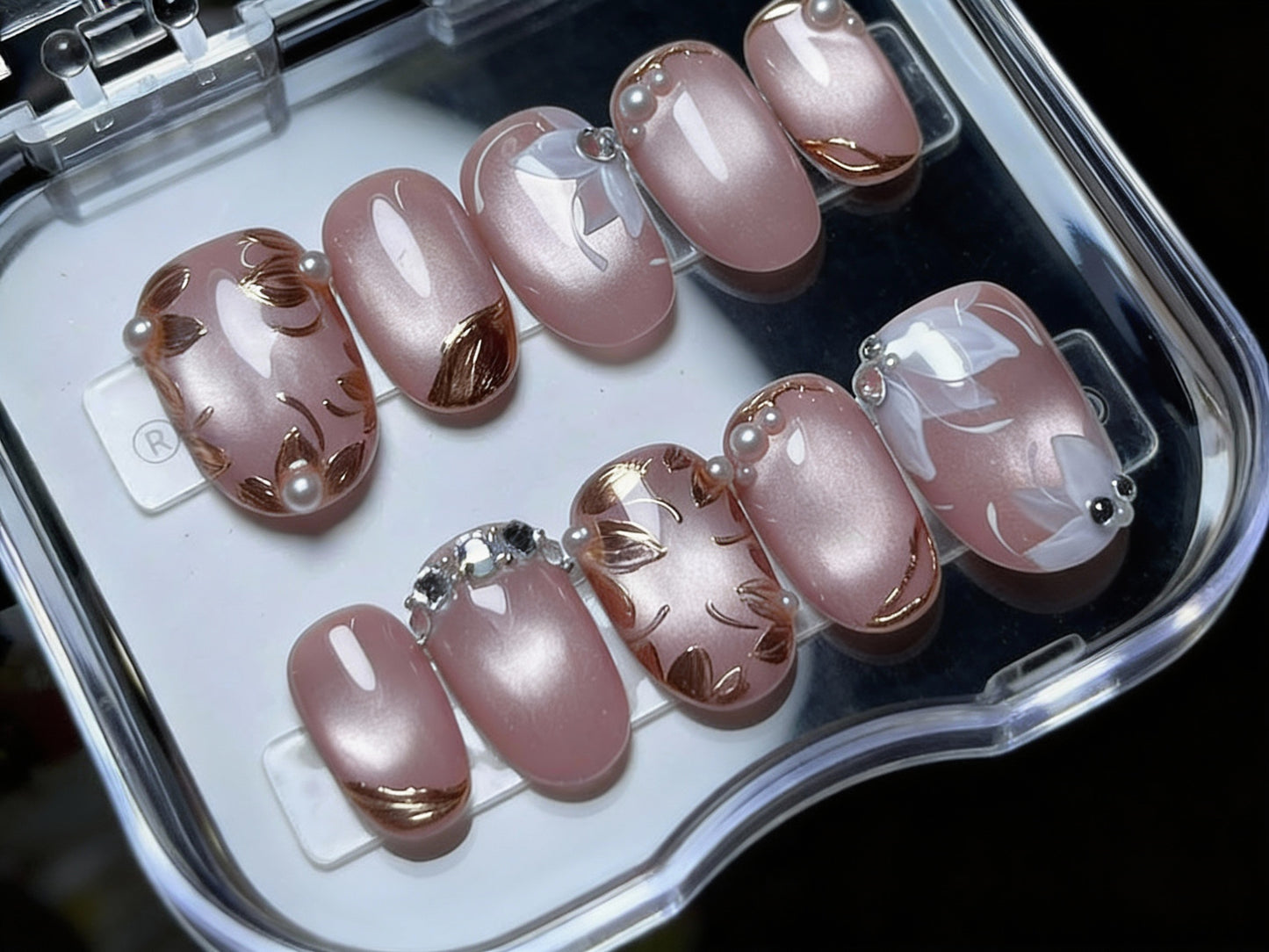 Pink Cat Eye Press On Nails - Gold Chrome Floral Leaf - 3D White Lily Flower - Pearl Gem Accent - Elegant Valentine's Gel - Custom Size Set - PN251253