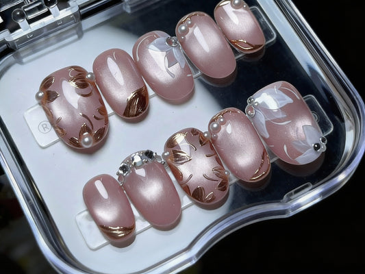Pink Cat Eye Press On Nails - Gold Chrome Floral Leaf - 3D White Lily Flower - Pearl Gem Accent - Elegant Valentine's Gel - Custom Size Set - PN251253
