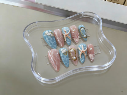 Blue Mermaid Starfish Press On Nails - 3D Seashell Texture - Ocean Bubble Art - Pearl Charm - Tropical Valentine's Gel - Custom Size Set - PN251254