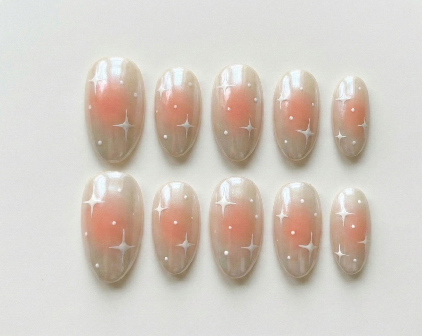 Pink Blush Aura Press On Nails - White Pearl Chrome Star - Korean Cheek Art - Coquette Soft Girl  - Custom Size Set - PN251201