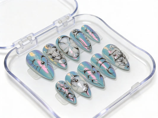 Blue Aurora Nails, Silver Chrome, 3D Heart Charm, Cyber Y2K, Fairycore, Liquid Metal, Cool Valentine Gift, Reusable Custom Size - PN251258